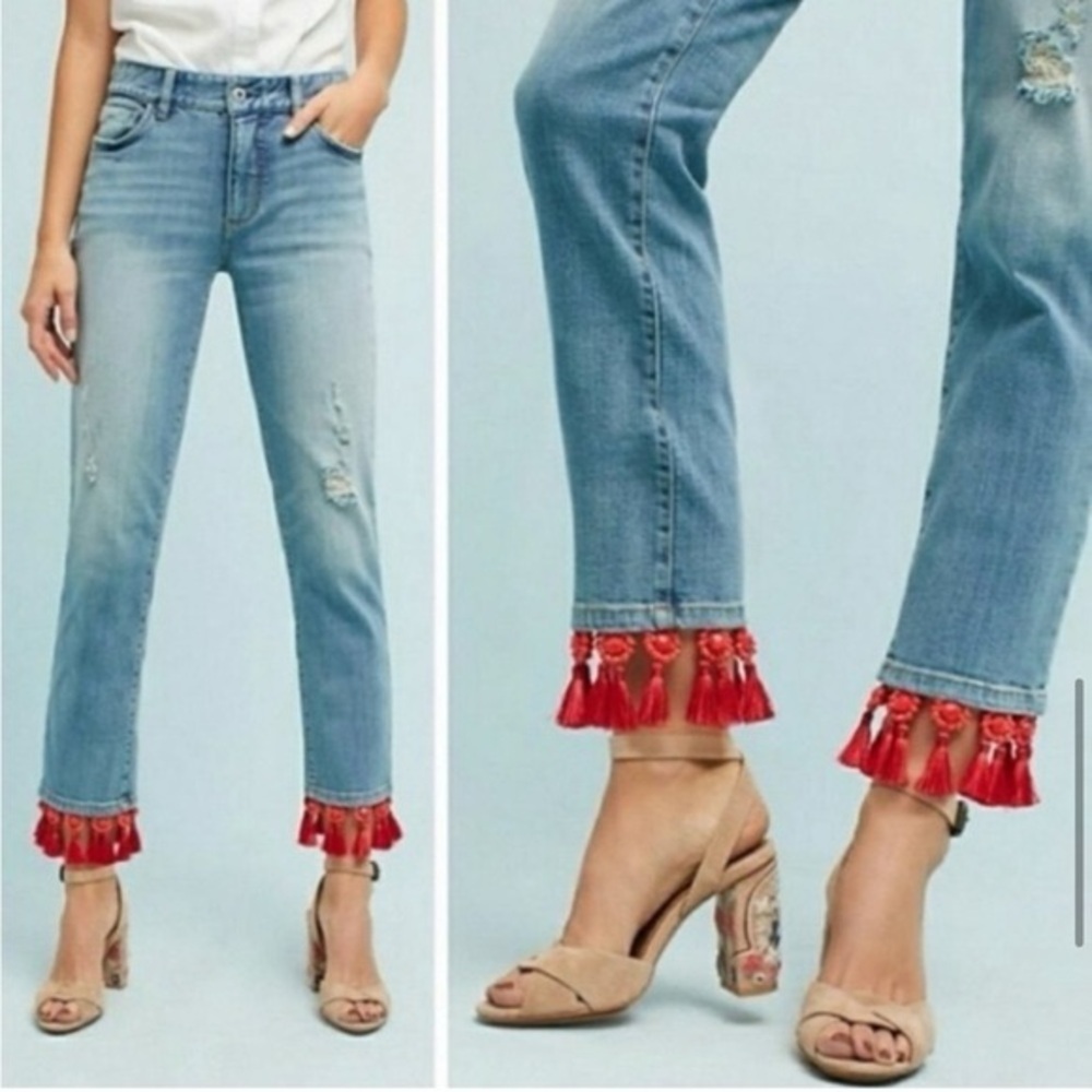 Pilcro and the Letterpress Slim Boyfriend Cropped Jeans red beaded tasseled hem